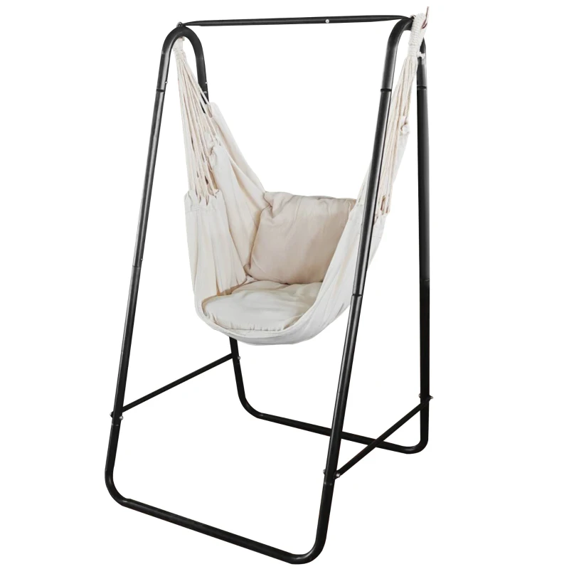 Outsunny Sedia a dondolo da giardino con supporto, sedia sospesa con cuscino, bracciolo, ganci, crema bianco
