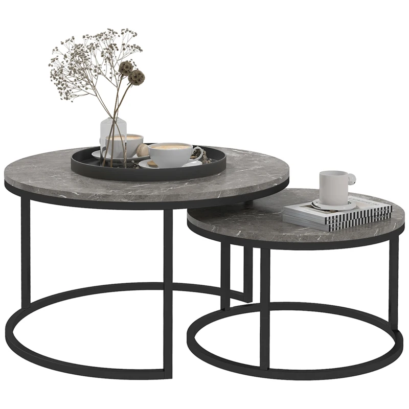 HOMCOM Set di 2 Tavolini da SaSet Impilabili Design Industriale Piano Effetto Cemento Piedi in Metallo, Grigio