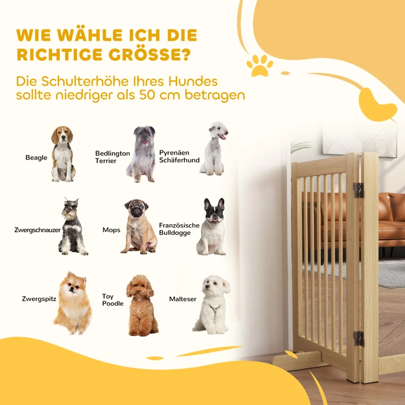 PawHut Barrera para Perros Independiente, 4 Paneles, Flexible, Madera de Pino, 204x36x75 cm, Madera Natural