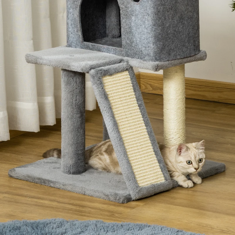 PawHut Árbol Rascador para Gatos con Caseta, Plataformas, Bola Colgante Altura 125 cm Gris