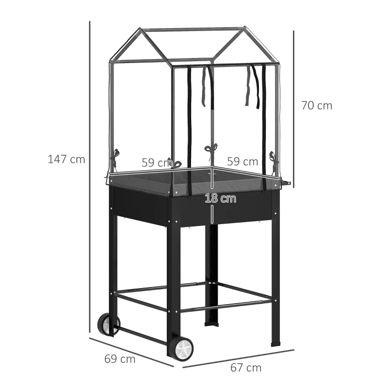 Outsunny Jardinera elevada con cubierta de plástico, jardinera con ruedas y agujero de drenaje 67x69x147 cm Negro