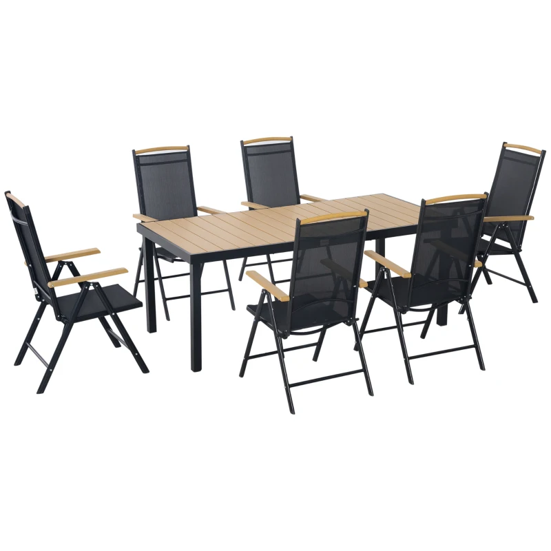 Outsunny Outdoor Gartenmöbelset 6 Personen, Aluminiumrahmen, 190 cm Tisch, 6 klappbare und verstellbare Stühle, Schwarz