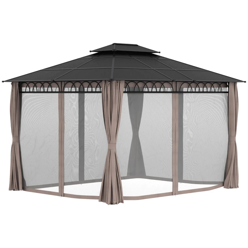 Outsunny Cenador de jardín con techo policarbonato 4 paredes laterales anti-UV mosquiteras 4x3 m