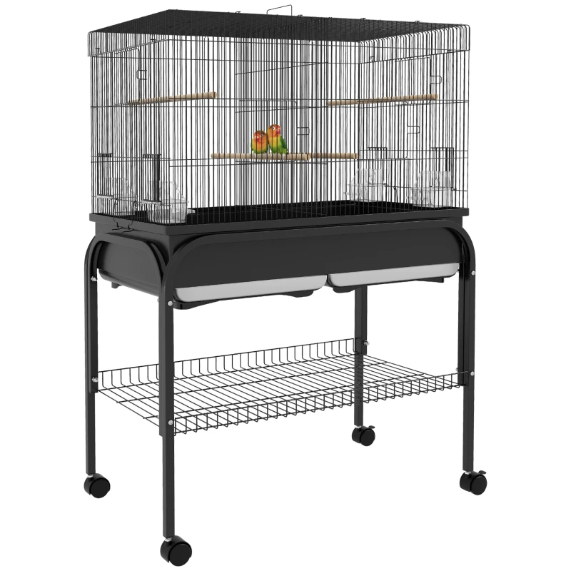 PawHut Grande Gabbia Uccelli Gabbia per Pappagalli con Supporto Ruote per Cacatua Pappagalli Canarini Pappagalli, 85 x 49 x 119 cm Nero
