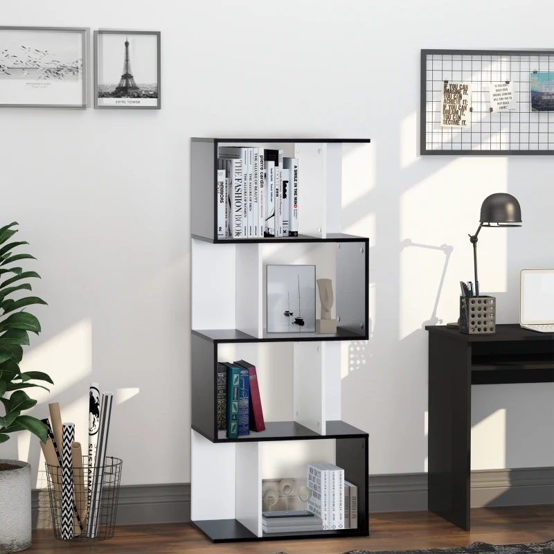 HOMCOM Libreria Scaffale Mobile da Rangement di Design Contemporaneo a Forma di S 4 mensole 60L x 24l x 148H cm Nero Bianco