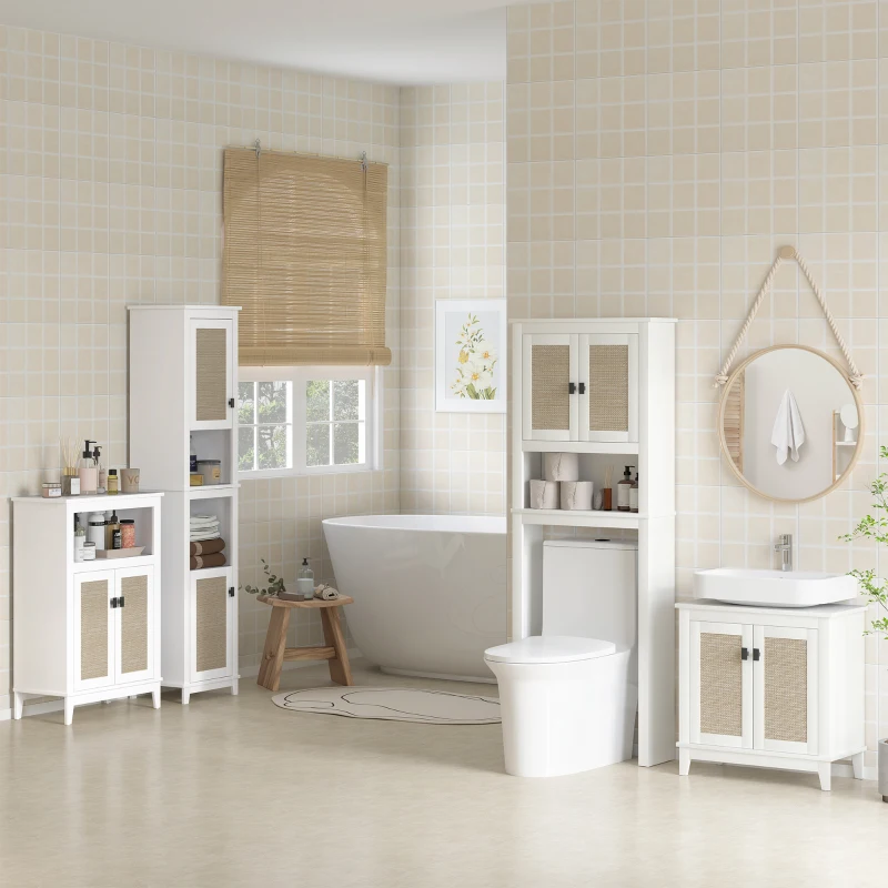 HOMCOM Mobile Bagno con 2 Porte Frontali in Rattan Scaffale Regolabile e Vano Aperto 60x30x90 cm Bianco