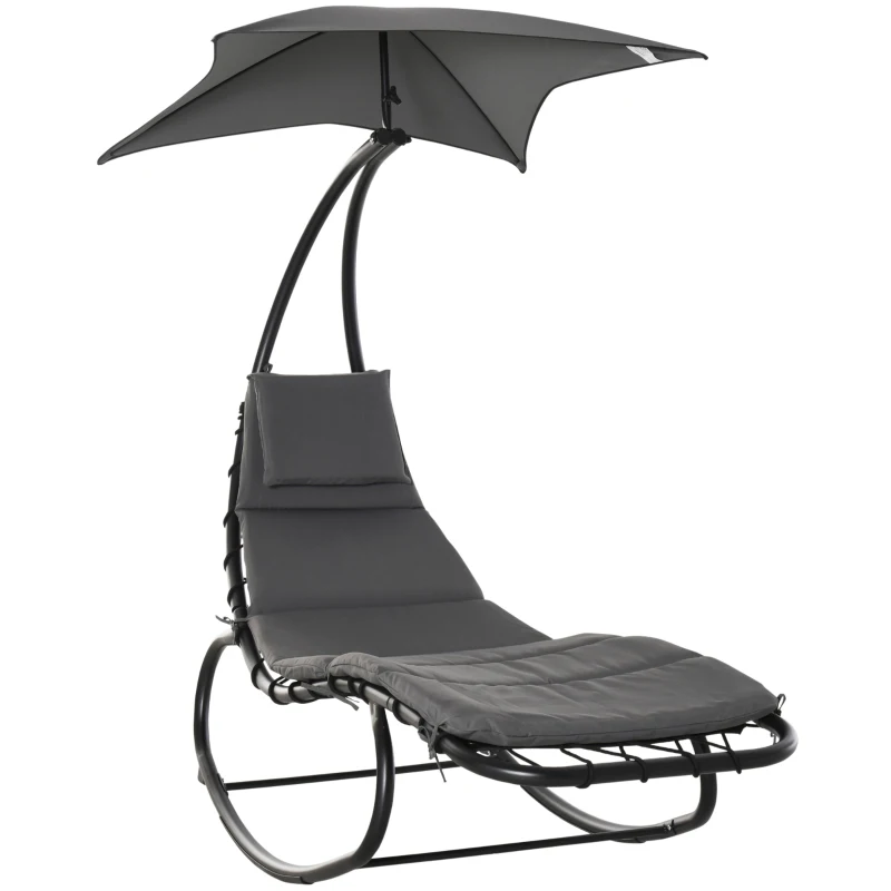 Outsunny Tumbona Mecedora de Jardín, Silla de Playa, Silla Mecedora para Exterior con Asiento Acolchado y Sombrilla Gris 185x114x190 cm