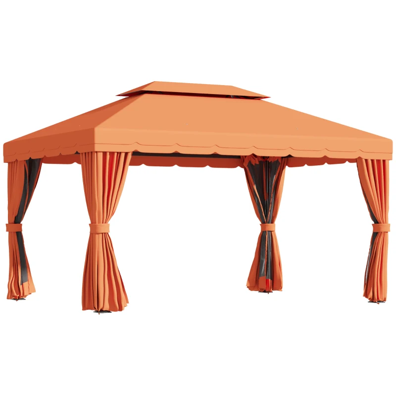 Outsunny Gazebo de Jardin 4x3m avec Double Toit et Rideaux Latéraux, Orange
