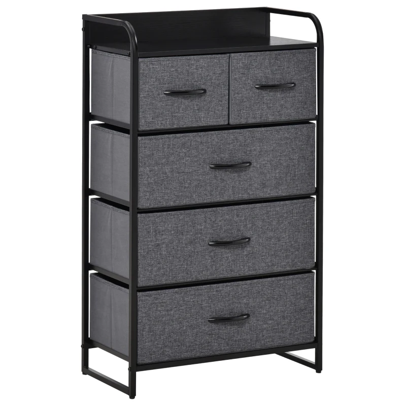 HOMCOM Cassettiera Mobiletto da Rangement 5 cassetti Pieghevoli in Tessuto 58 x 29 x 99 cm Grigio