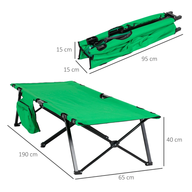 Outsunny Lit de Camping Pliable avec Poche Latérale et Porte-gobelet jusqu'à 136 kg Cadre en Acier Tissu Oxford Vert+Noir 190 x 65 x 40 cm