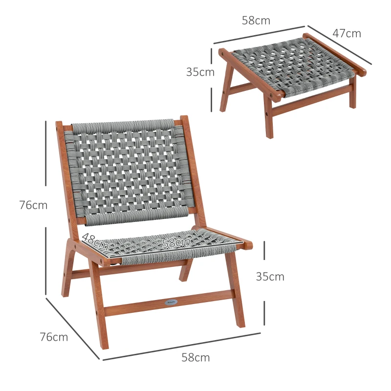 Outsunny Sillón de jardín con reposapiés - silla relaxen madera de acacia y cuerda de ratán - Natural, Gris