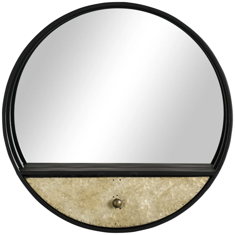 HOMCOM Miroir Mural Rond de Ø61cm avec Tiroir et Cadre en Métal Noir