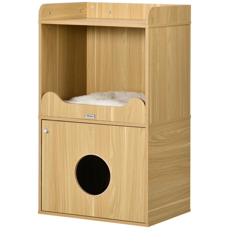 PawHut Casa de baño para gatos mueble de arena para gatos 3 niveles compartimiento cerrado con una puerta 1 cojín 60x45x103 cm