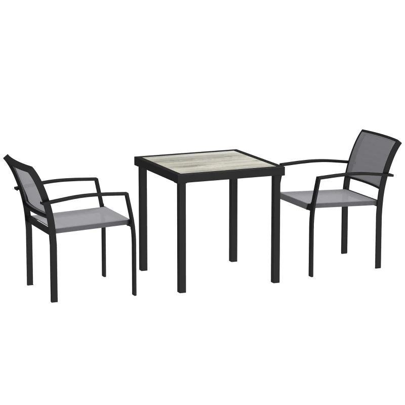 Outsunny Ensemble de 3 pièces pour repas en extérieur, table en imitation bois, 2 chaises, résistant aux intempéries, cadre en acier, mobilier de terrasse, Gris