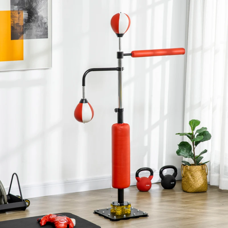 SPORTNOW Soporte de boxeo, dos Speedballs, barra de boxeo giratoria, cojín de patada, ajustable en altura, acero, 84x36x140-205 cm