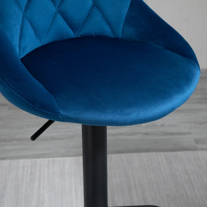 HOMCOM Set 2 Barhocker, Höhenverstellbar mit Metallsockel und Samtsitz, Moderne Barhocker mit Rückenlehne und Fußstütze, 46x48x83-104cm, Blau