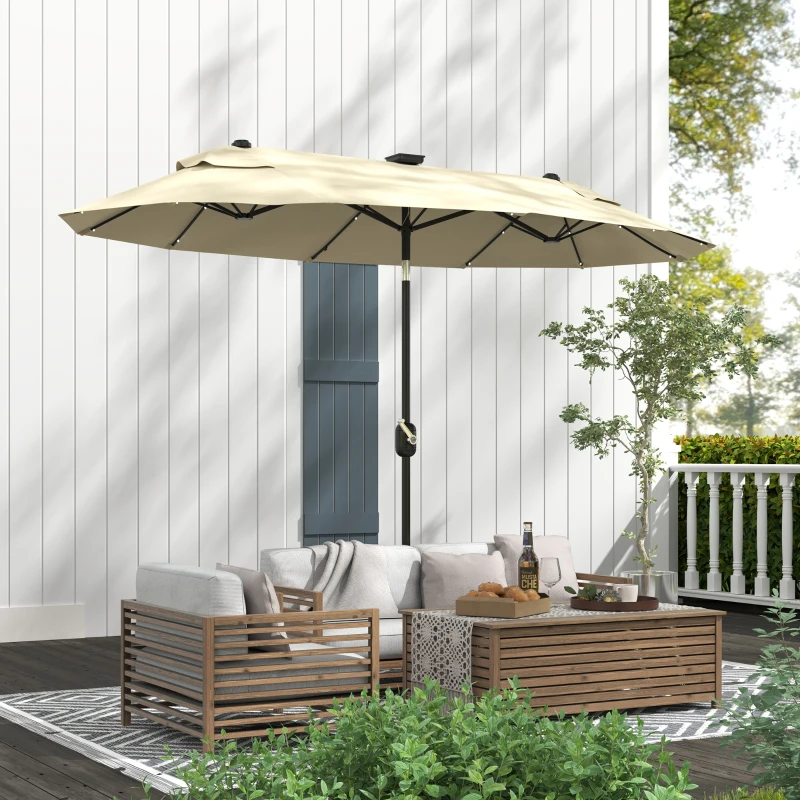 Outsunny Parasol Doble con Luces LED y Base en Cruz, en Poliéster y Acero, 295x150x219 cm, Blanco Crema