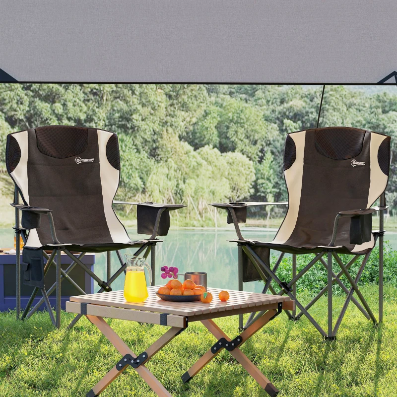 Outsunny Set van 2 Opvouwbare Campingstoelen met Armleuningen, Bekerhouder, Hoofdsteun, Koeltas Zwart