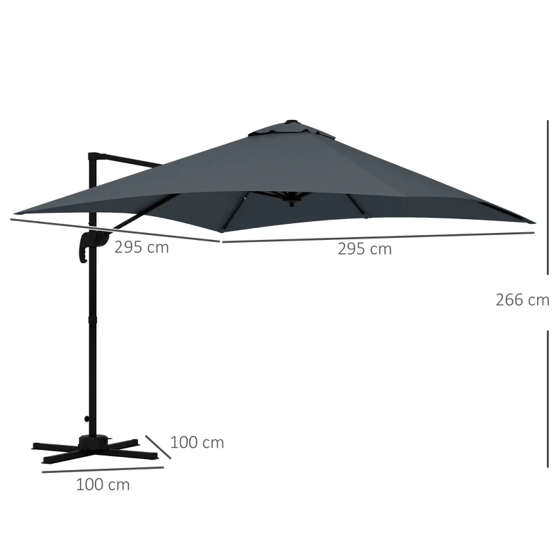 Outsunny Parasol desplazado cuadrado inclinable giratorio 360° con manivela y base de aluminio 3x3x2,6 m Gris oscuro