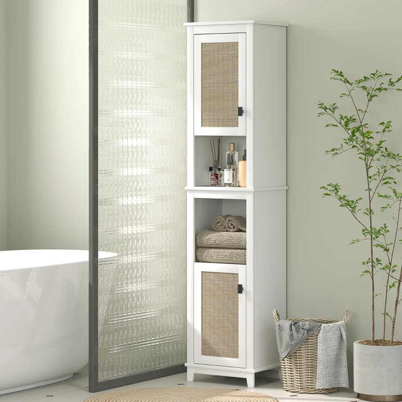 HOMCOM Colonne de Salle de Bain avec Étagères Ajustables 2 Portes avec Façade en Rotin et 2 Compartiments 40x30x167,5 cm Blanc
