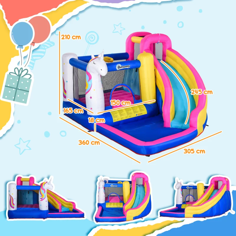 Outsunny Castello Gonfiabile per Bambini con Scivolo, Piscina e Canestro da Basket, Gioco Gonfiabile Gigante e Rimbalzante per 3 Bambini, 360x305x210 cm