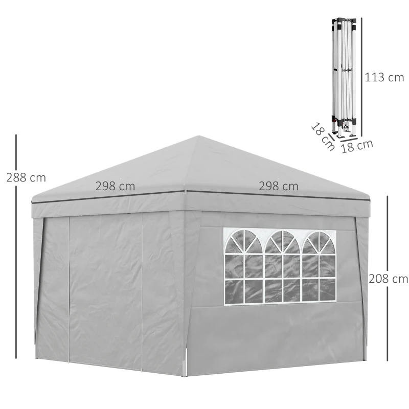 Outsunny Pérgola de jardín plegable 3x3x2,88 m anti-UV 30 + con ventanas + paredes laterales + bolsa de transporte Gris