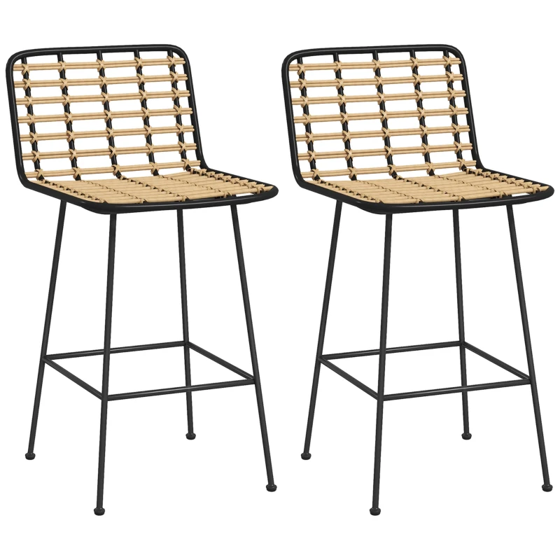 HOMCOM Conjunto de 2 taburetes de bar silla alta diseño bohemio Altura 66 cm con reposapiés acero Negro asiento mimbre PE