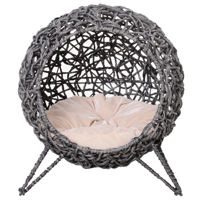 PawHut Cestino per Gatto, Letto Rialzato, Accogliente Grotta, con Cuscino Soffice Incluso, Resina Intrecciata Effetto Rattan, Ø 52 x 58H cm, Grigio