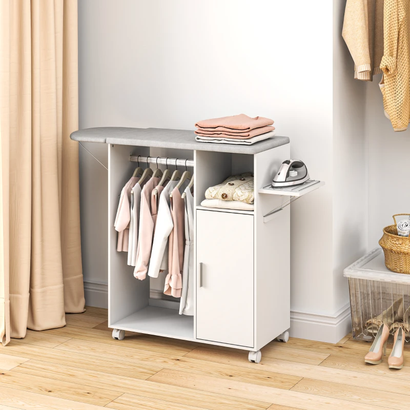 HOMCOM Mobile Asse da Stiro mit Abstellfläche, 3 Cubby-Regalen und Führung, 127x42,5x99 cm, Weiß
