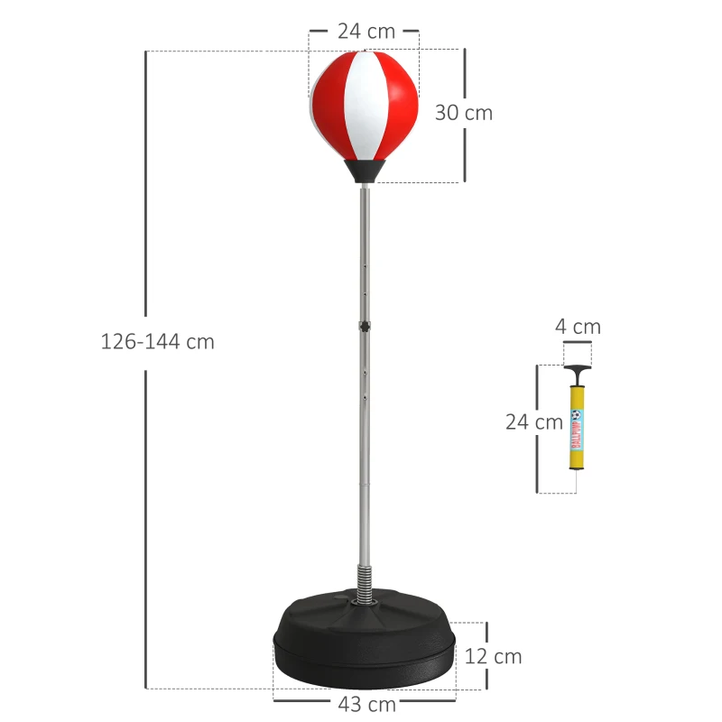 HOMCOM Saco de boxeo de pie Punching ball en pie ajustable en altura 126-144 cm con guantes, bomba y base con peso