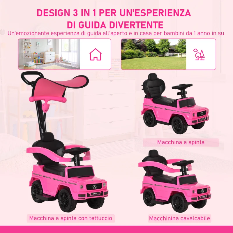HOMCOM Macchina a Spinta per Bambini 12-36 Mesi con Licenza Mercedes, Tettuccio e Maniglia, 85.5x40.5x95 cm, Rosa