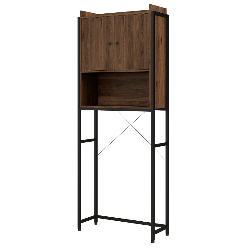 kleankin Scaffale Sopra il WC, Mobiletto per Bagno con 2 Ante e Vano, 68 x 25,5 x 172,5 cm, Marrone e Nero