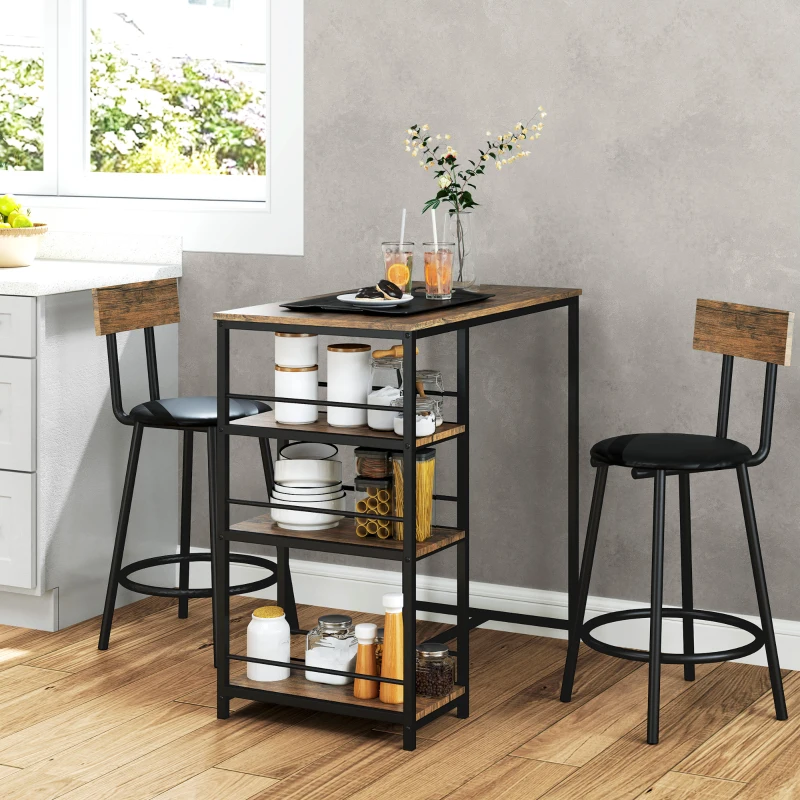 HOMCOM Ensemble de 3 pièces de bar avec table de bar et 2 chaises, petit ensemble de cuisine avec étagères latérales, MDF, métal, noir