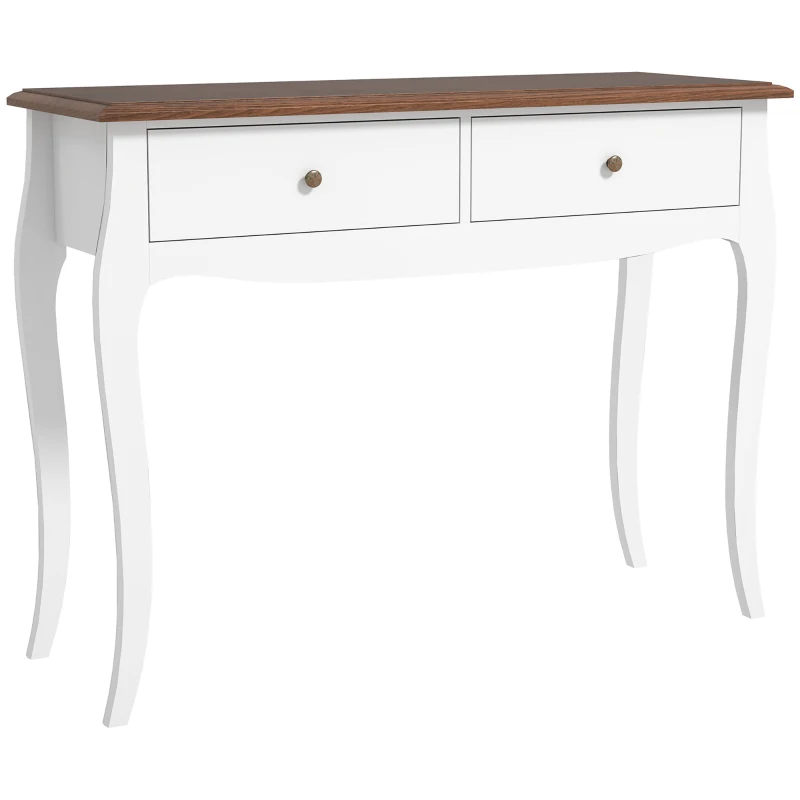 HOMCOM Moderner Konsolentisch mit 2 Schubladen aus Holz, 100x35x76,5 cm, Weiß und Dunkelbraun