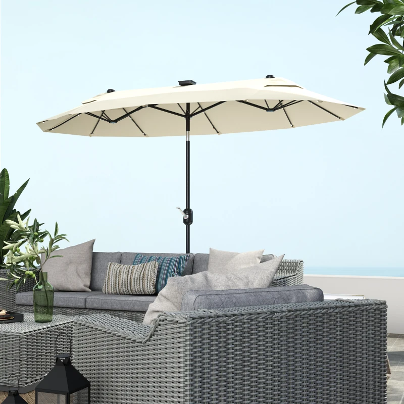 Outsunny Parasol Doble con Luces LED y Base en Cruz, en Poliéster y Acero, 295x150x219 cm, Blanco Crema