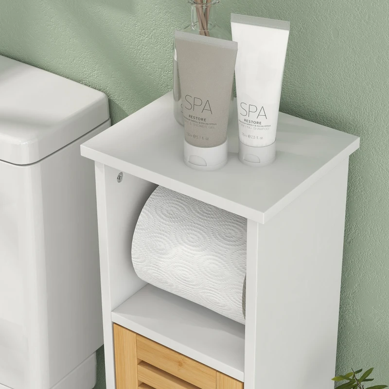 HOMCOM Badezimmerschrank mit Toilettenpapierhalter herausnehmbarer Stange 3 Ebenen + Toilettenpapierablage, 78H cm, Bambus weiß