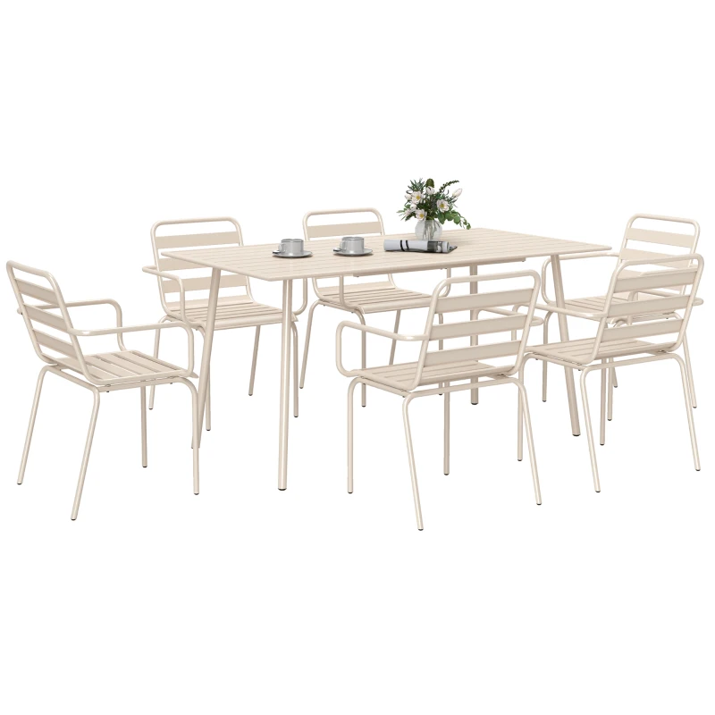 Outsunny Gartenmöbel-Speiseset 7-teilig mit 1 Tisch und 6 stapelbaren Stühlen aus Stahl in Beige