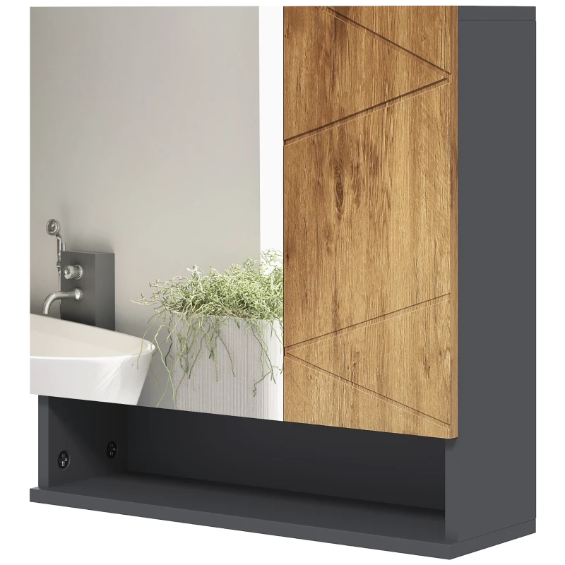 kleankin Armadietto murale specchio da bagno armadietto da parete con ripiani regolabili 2 porte 55 x 17 x 55 cm naturale grigio scuro