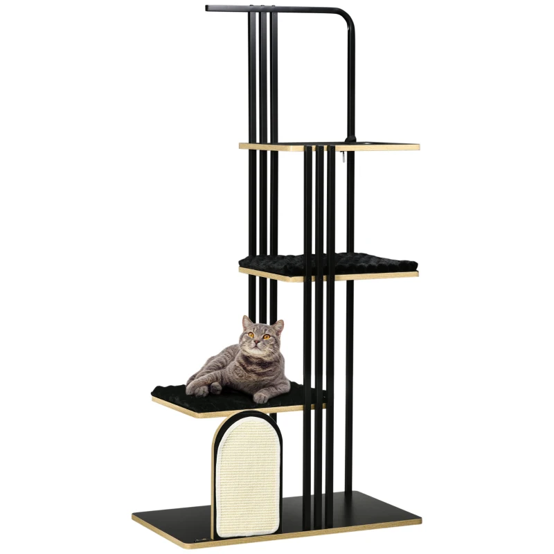 PawHut Árbol Rascador, Diseño Industrial, 3 Plataformas, 2 Cojines, Rascador de Pared, Estructura de Acero, Negro, 85x48x170 cm