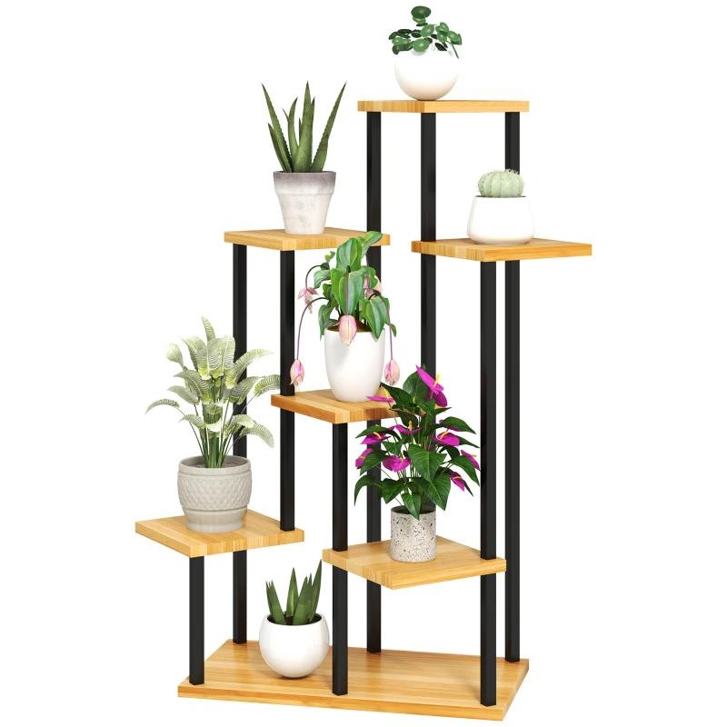 Outsunny Soporte de plantas de 7 niveles para interior y exterior, estantería de plantas de acero y madera, Madera Natural