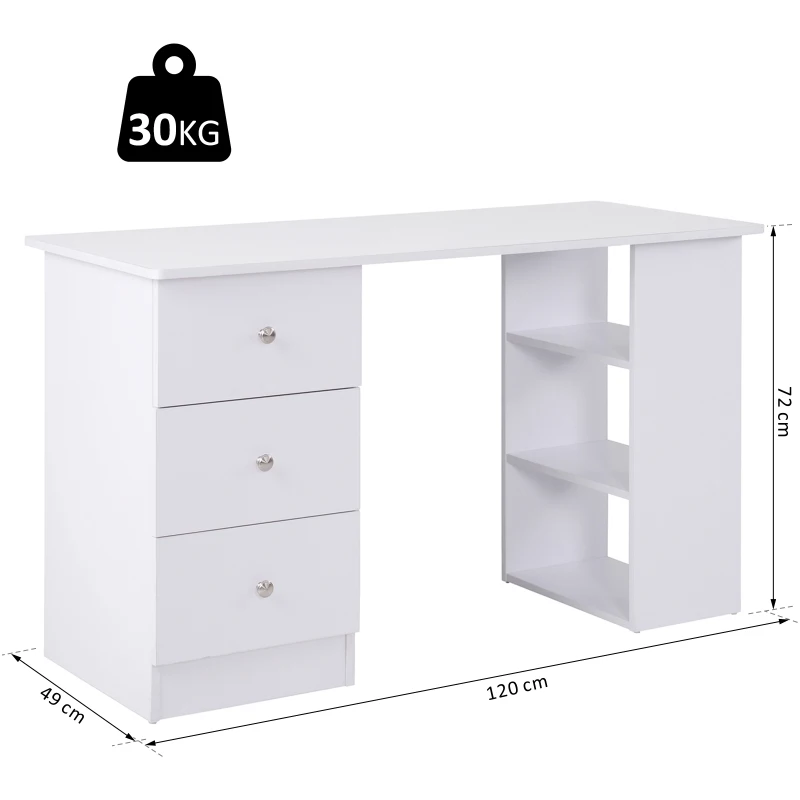 HOMCOM Escritorio de ordenador multimedia con múltiples almacenamientos - 3 cajones 2 estantes 120x49x72 cm Blanco