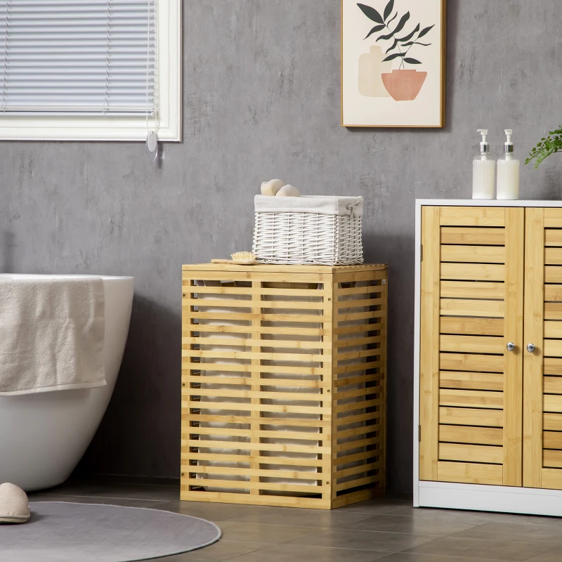 HOMCOM Cesto de Ropa en Bambú con Saco de Tela Desmontable y Tapa - 44x37x62,5 cm