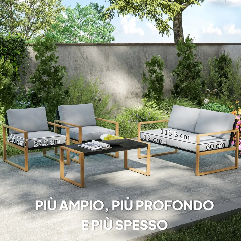 Outsunny Set da Giardino 4 Pezzi con 2 Poltrone, Divanetto e Tavolino, in Alluminio e Fibra, Grigio e color Legno