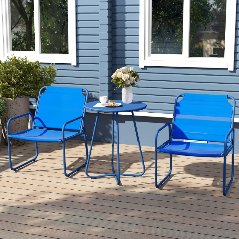 Outsunny 3-teiliges Gartenmöbelset, Gartenlounge, 2 Sessel 1 runder Tisch, Stahl und Mesh-Gewebe, Marineblau