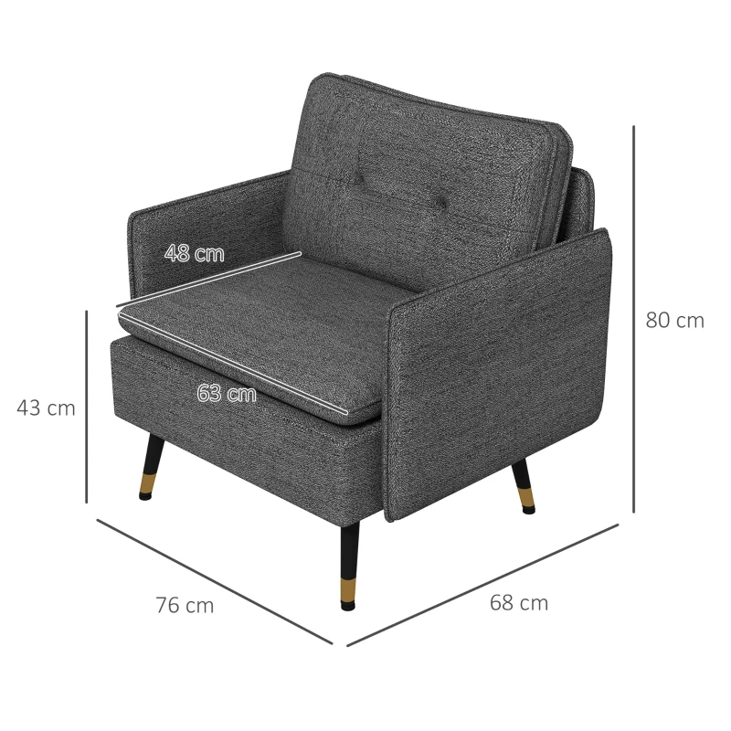 HOMCOM Sillón escandinavo respaldo capitonado con pespunte en tela 76x68x80 cm Grisy patas de metal Negro y dorado