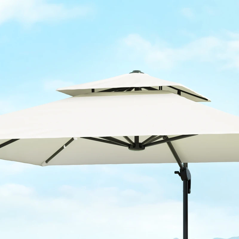 Outsunny Ombrellone Decentrato Quadrato 3 x 3 m con Doppio Tetto e Manovella, Reclinabile, Girevole, Peso Incluso, Metallo e Poliestere, Beige