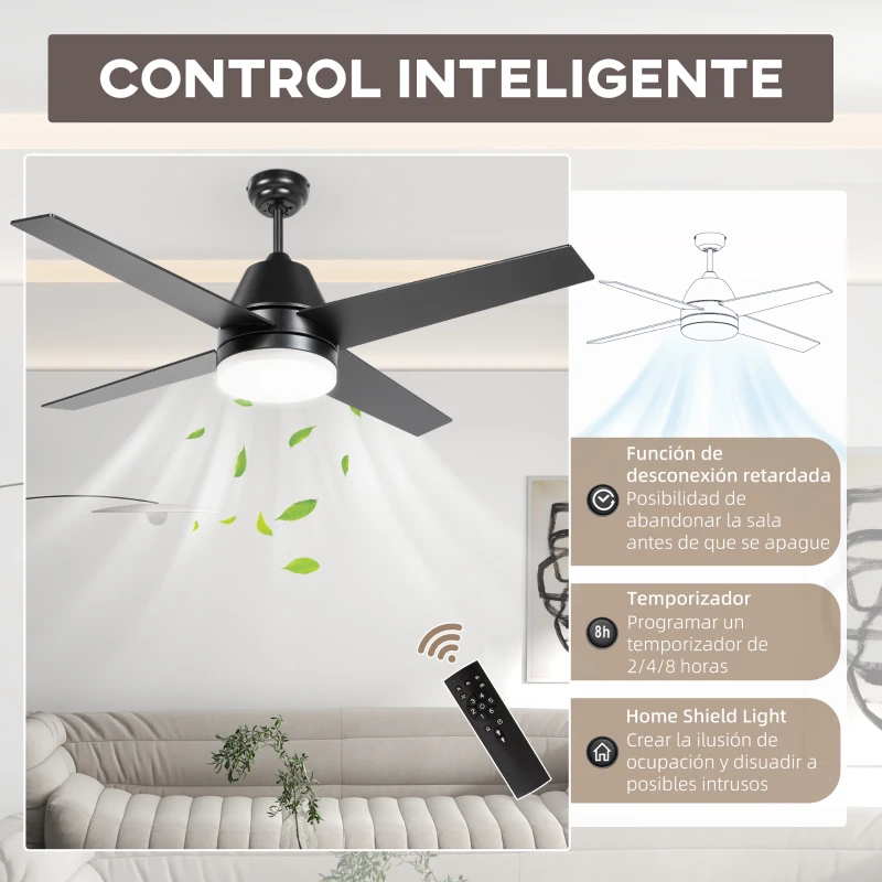 HOMCOM Ventilador de Techo con Luz 46W Ø129 cm Motor DC con 4 Aspas Reversibles Mando a Distancia y Temporizador Negro