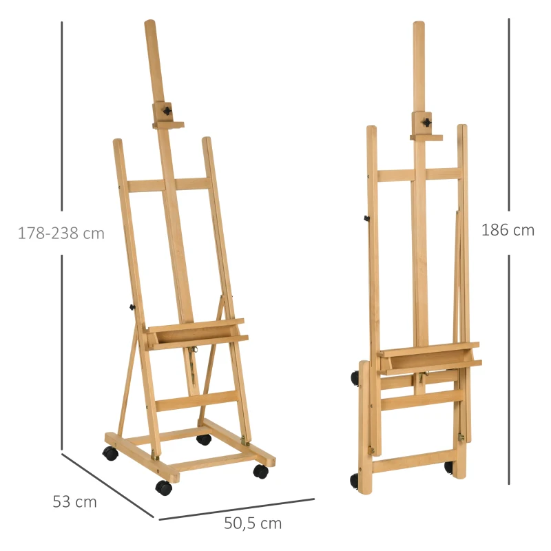 Vinsetto Caballete de Artista con Ruedas Plegable en Madera de Haya para Lienzos de hasta 118 cm Madera Natural