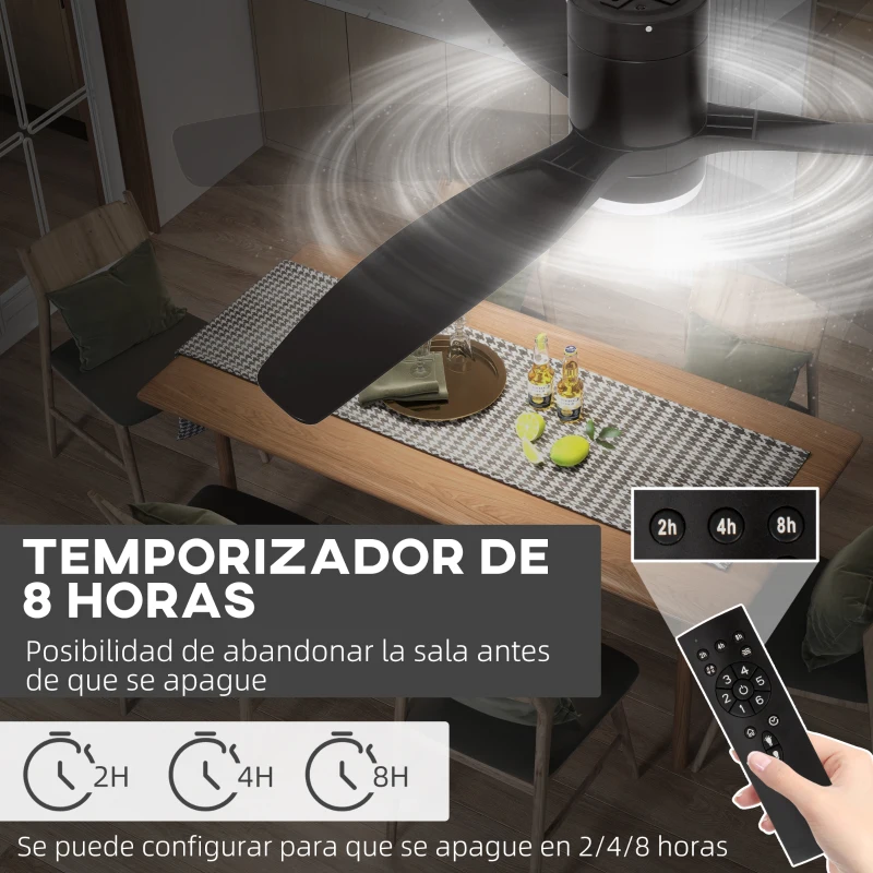 HOMCOM Ventilador de Techo con Luz LED 46W Ventilador de Techo Silencioso Ø132 cm con 3 Aspas Reversibles Control Remoto Negro