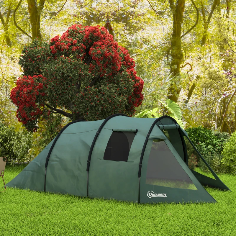 Outsunny Tenda da Campeggio per 3-4 Persone, Due Stanze Interne, Finestre a Rete, 4,75 x 2,64 x 1,72 m, Verde